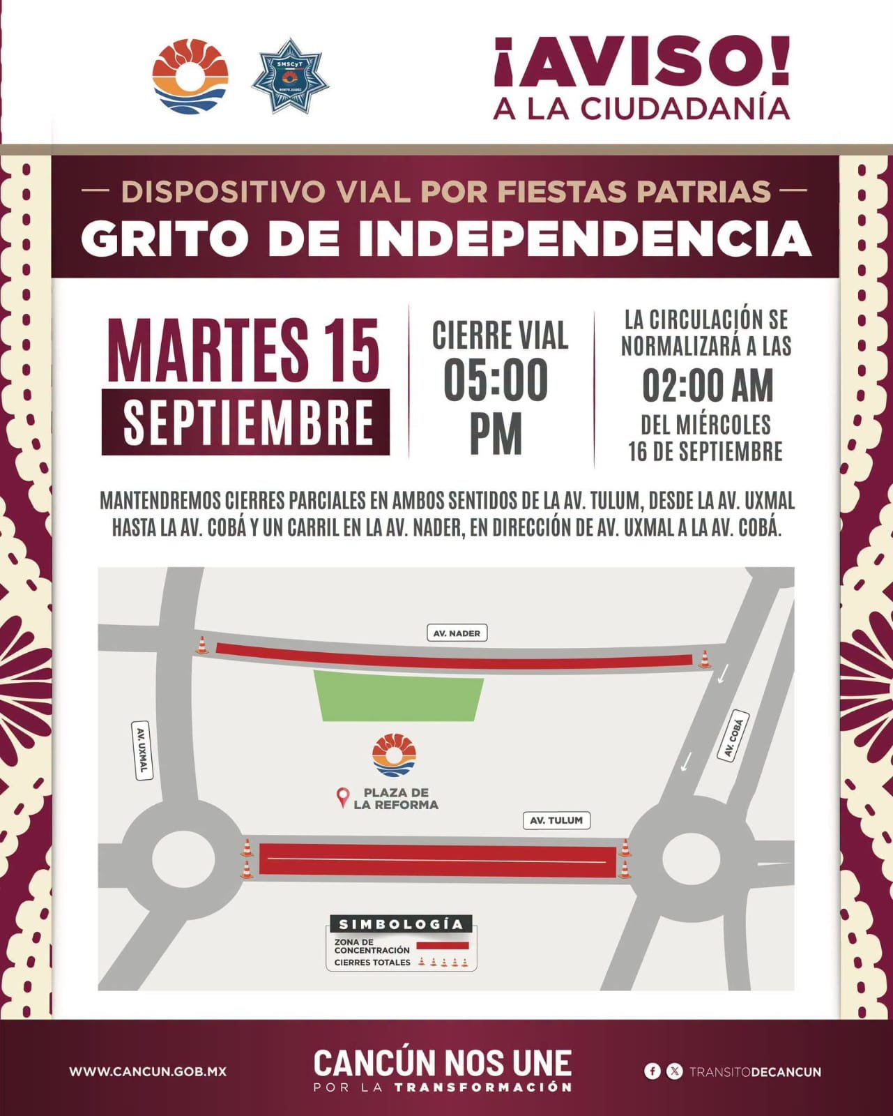 ANUNCIA AYUNTAMIENTO DE BJ DISPOSITIVO VIAL POR FIESTAS PATRIAS